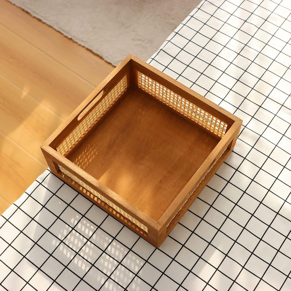Woven Wooden Basket Wood Storage Crate Box, Bamboo Basket with Built-In Handl...
