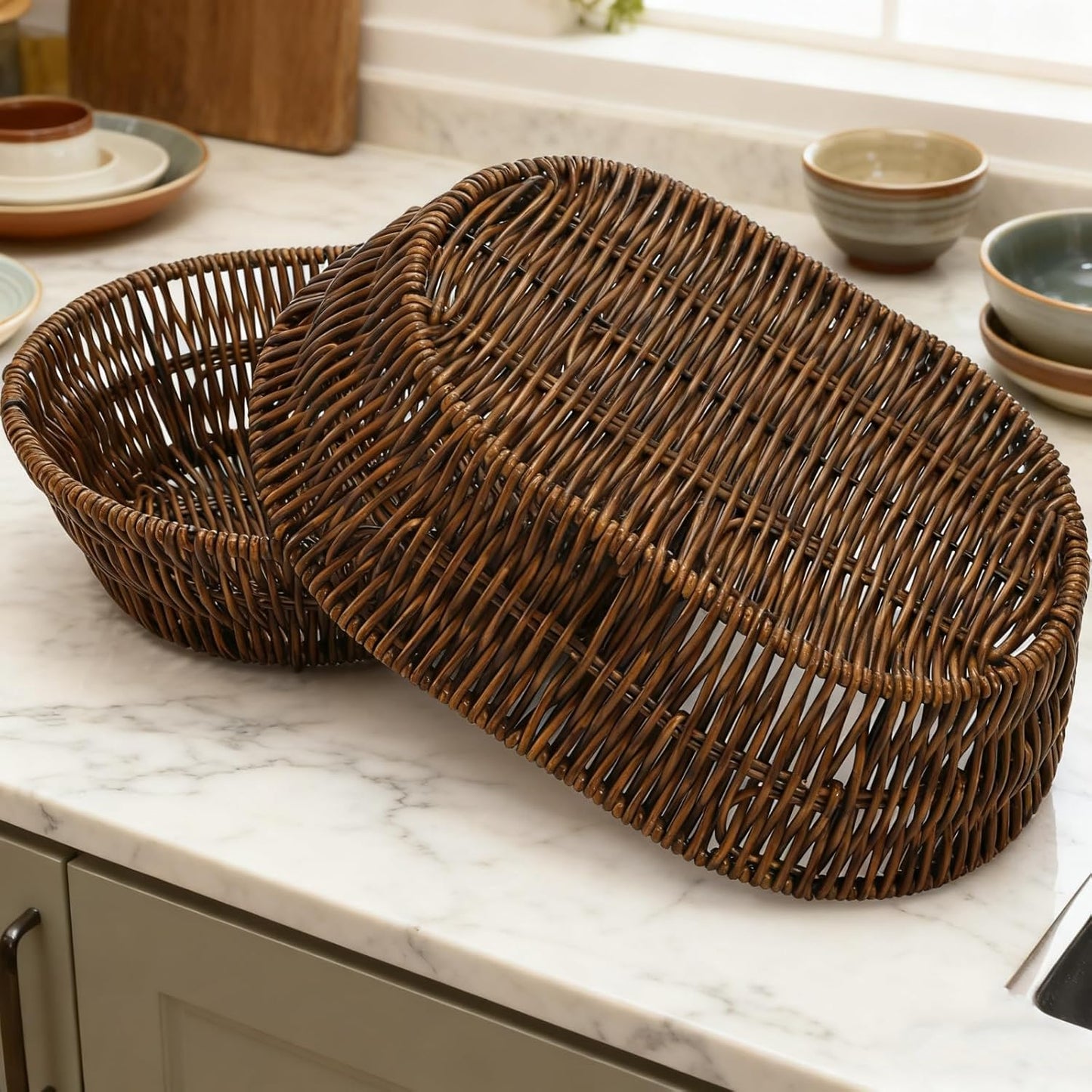 ZAVOOS 3 Pack Wicker Bread Basket, 11 Inch Food Serving Tray | Handwoven Oval Fruit Baskets, Tabletop Stackable Pantry Organizer Bin for Home Kitchen, Restaurant, Bakery, Vegetable Storage