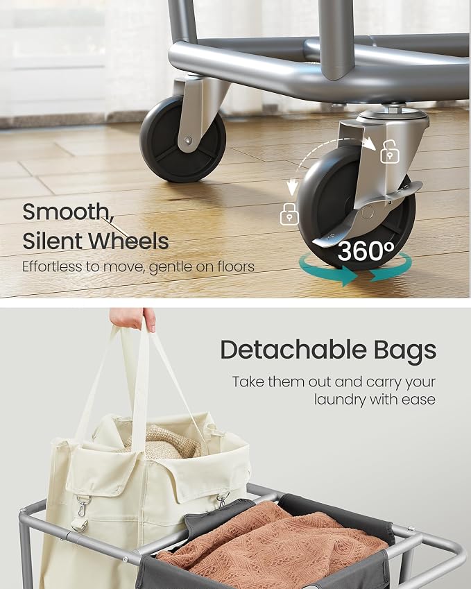SONGMICS Laundry Basket with Wheels, 50.2 Gallons, 2-Section Rolling Laundry