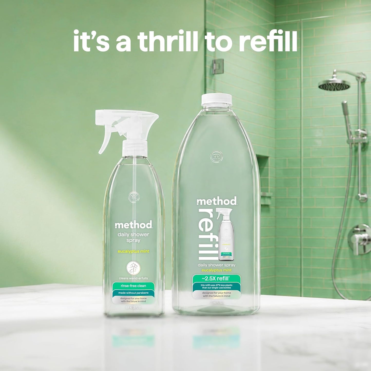 method Daily Shower Cleaner Refill, Eucalyptus Mint, 68 fl oz | Removes Soap Scum, Grime & Stains, For Use on Showers, Tubs, Tile, Glass & Fixtures, Dissolves Right Away, 2.5X Refill