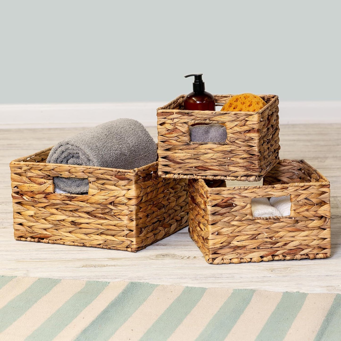 Honey-Can-Do Banana Leaf Storage Baskets, Water Hyacinth Woven Basket, Decorative Baskets-Shelves, Basket-Gifts, Closet, Pantry & Home Organization, Set of 3, Multi-Size, 9" Lx9" Wx6" H (Pack of 3)