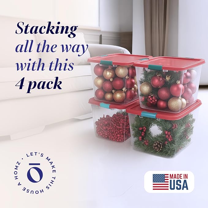 HOMZ 4-Pack Holiday Tote, Plastic Storage Organizer Bins - Image 2