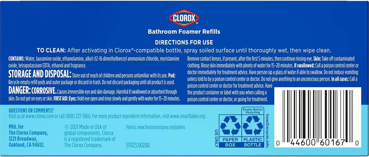 Clorox Bleach-Free Bathroom Foamer Refill Pods, Household Essentials, Rain Clean, 3 Spray Refills
