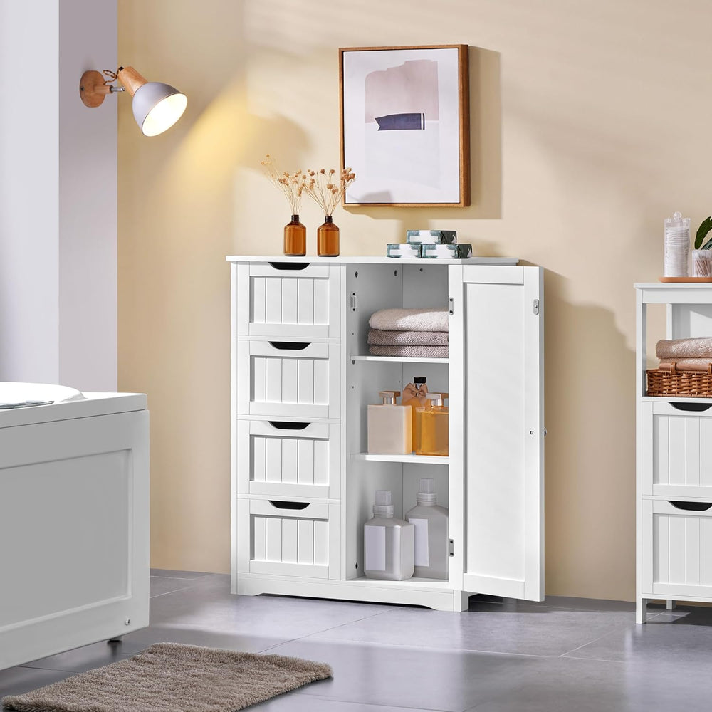 Yaheetech Bathroom Storage Cabinet with 4 Beadboard Drawers and Door, White