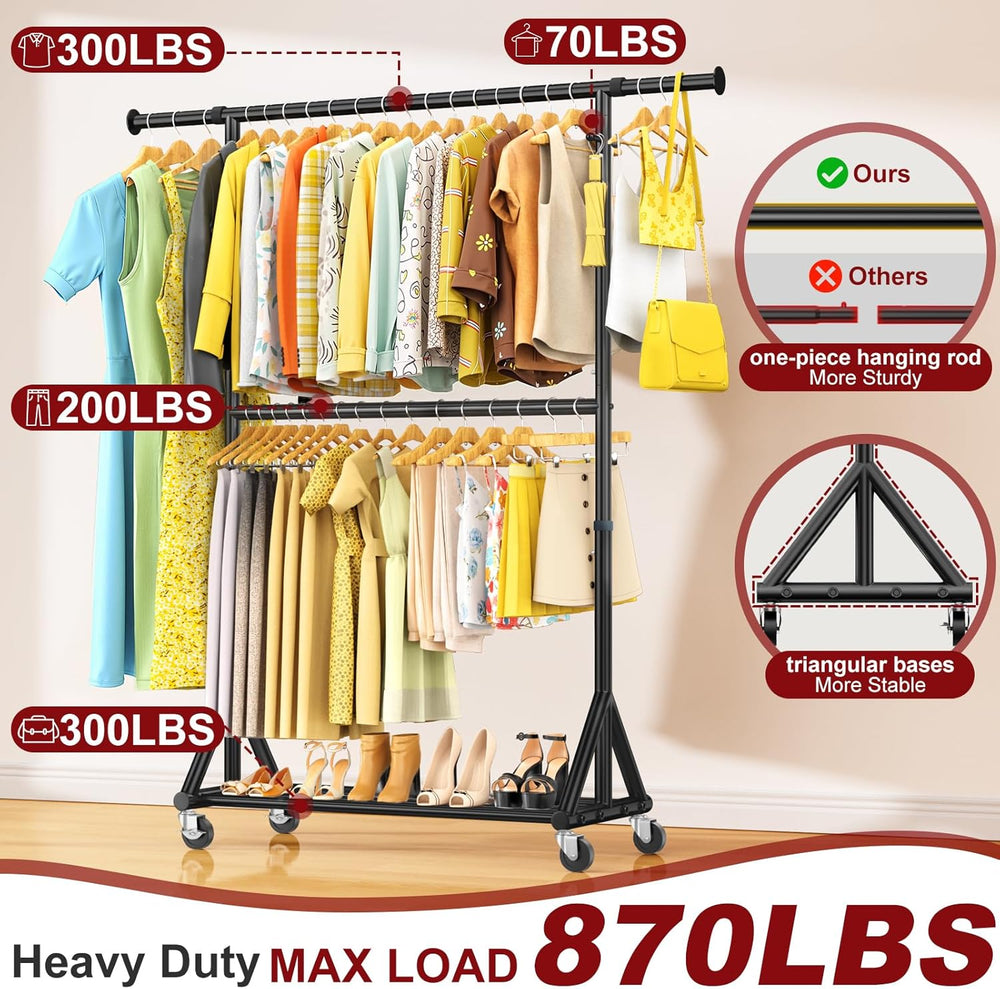 Heavy Duty Clothes Rack Load 760 LBS, Double Tier Rolling Garment Rack with W...