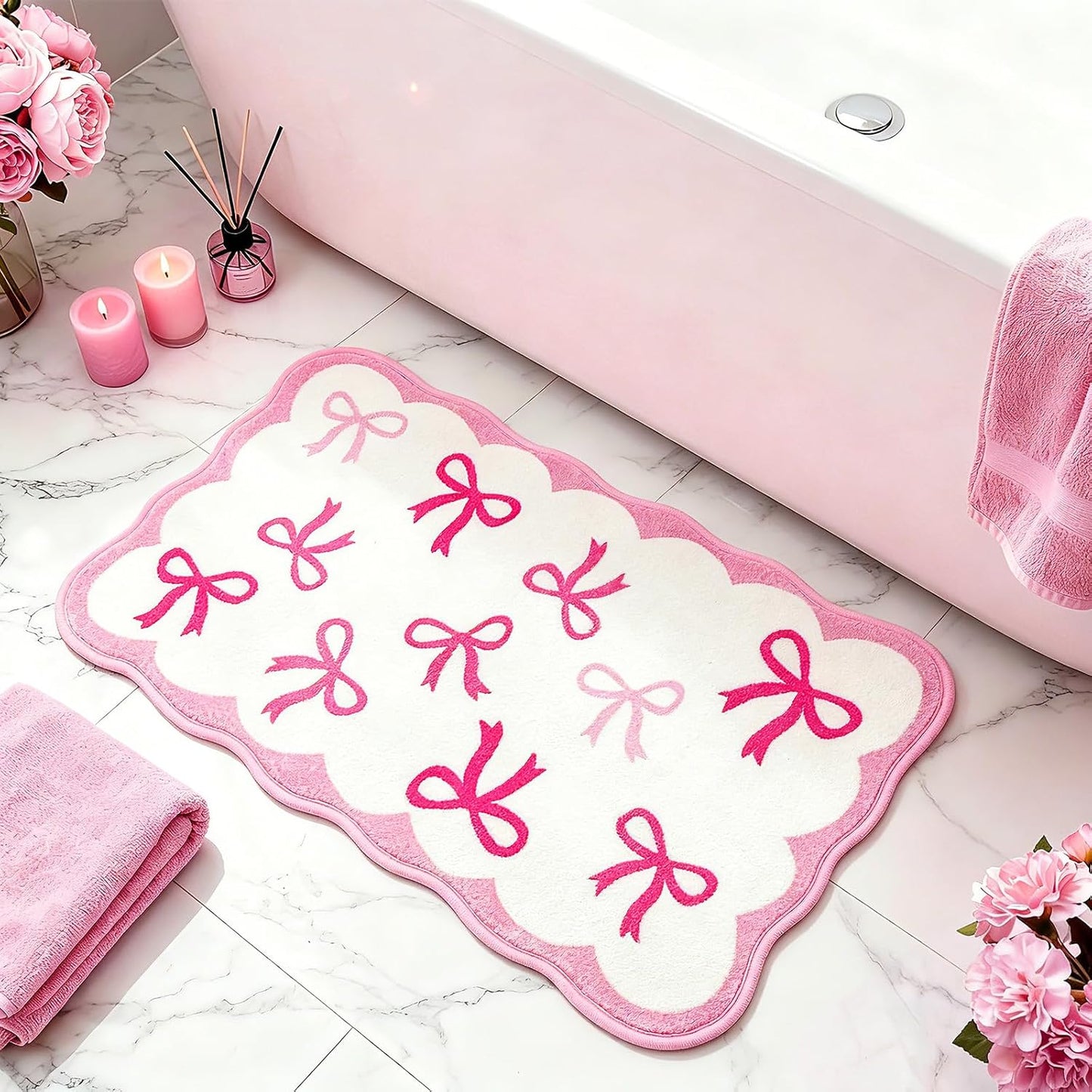 Haiddle Pink Bows Rugs Bow Mat for Bathroom Decor Scalloped Bow Rug for Girls Women Bedroom Non Slip Soft Absorbent Bath Mats Washable Coquette Mats for Bathtub Shower Floor Decoration 16.9" x 29.9"