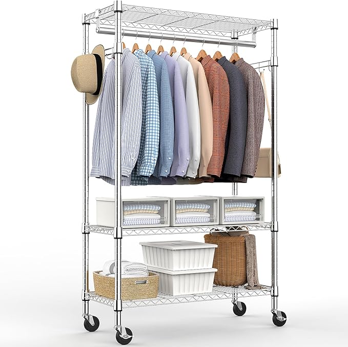 Heavy Duty Rolling Garment Rack 3 Tiers Adjustable Wire Shelving Clothes Rack by MEIGAOPLASTICANDMETALHKCOLIMITED