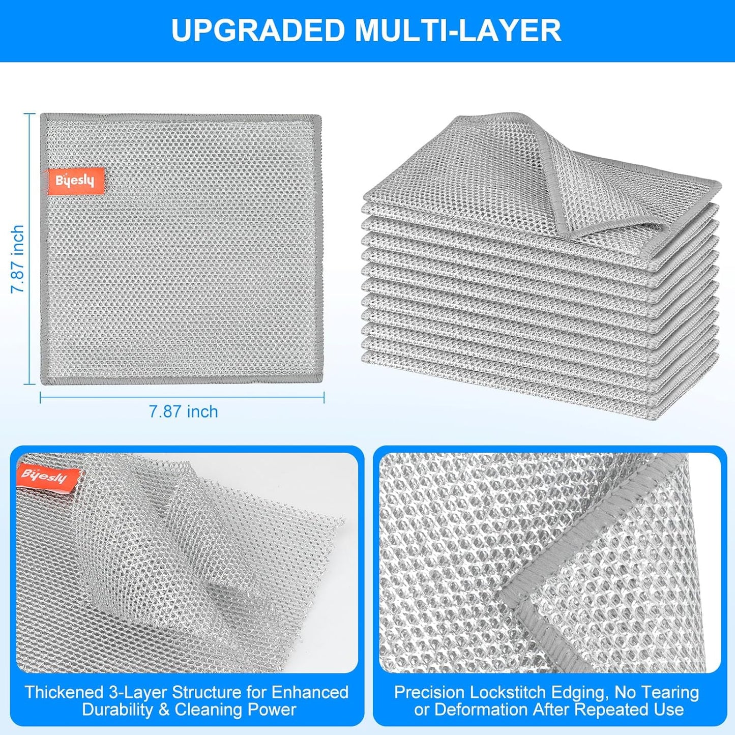 Non Scratch Wire Dishcloth, Metallic Fiber Cleaning Cloths - 9+1 Pcs Deep Clean Multi-Style Pack, for Dishes, Sinks & Pans (7.87x7.87 Inches)