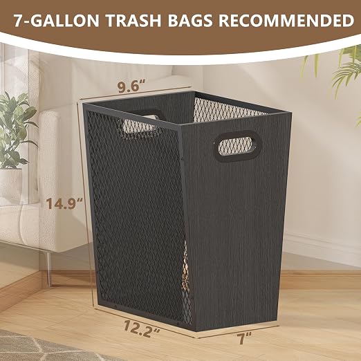 Piskyet Black Office Trash Can for Near Desk, 7 Gallon Unique Wood Bedroom - Image 2