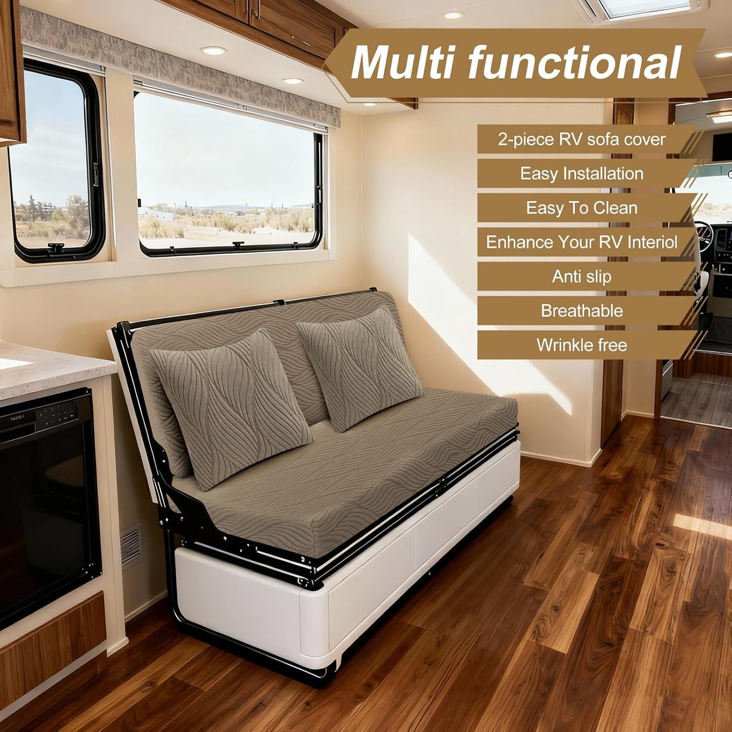 RV Couch Covers for Sofa Bed with 2 Pillow Covers, 2-Piece Backrest and Seat Slip Covers, for Jackknife Sofa, RV Furniture Cover (Brown)