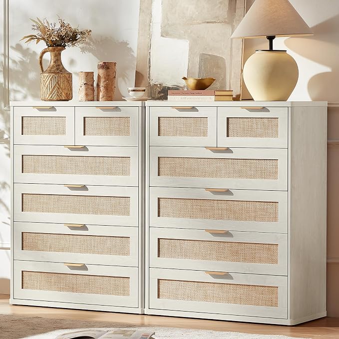 LEYAOYAO White Dresser for Bedroom Set of 2, Modern 6 Drawers Boho Rattan - Image 9