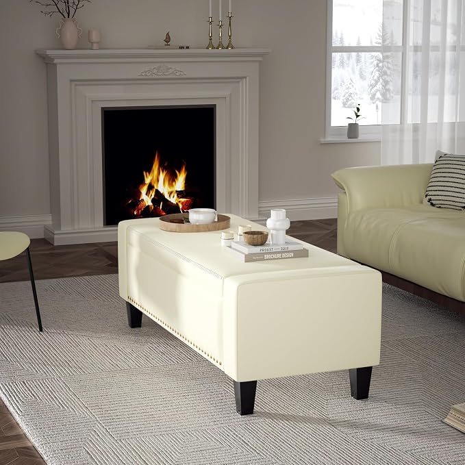 48.8" Storage Ottoman Bench Cream White | Faux Leather Bedroom Bench - Image 7