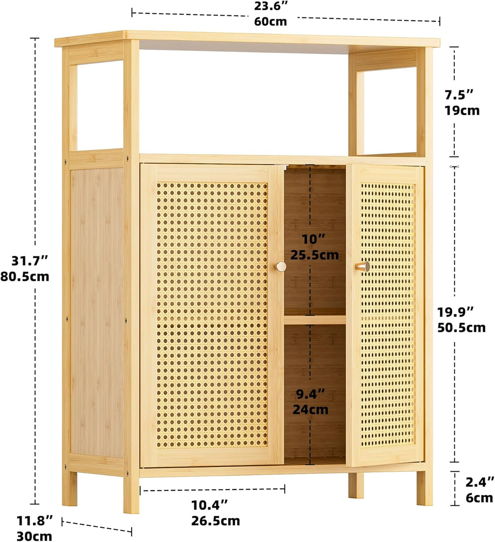 HITNET Rattan Bathroom Storage Cabinet, Bamboo Floor Cabinet with 2 Doors and...