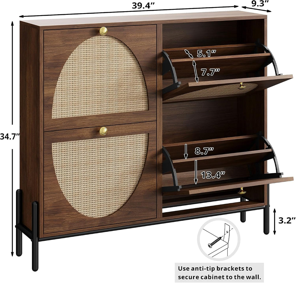IRONCK Rattan Shoe Cabinet Storage with 4 Flip Drawers, Walnut
