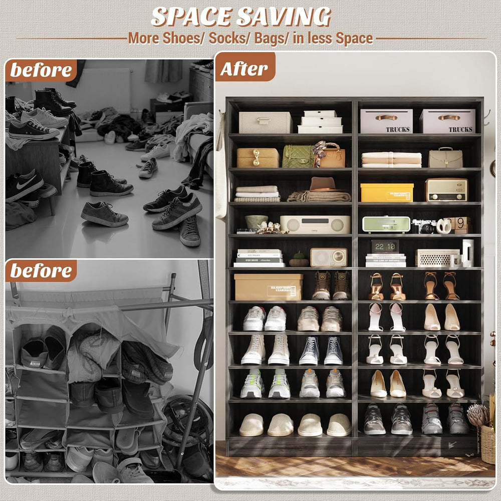 Aheaplus 10 Tiers Narrow Shoe Cabinet Set of 2, 35.4" Tall Wood Shoe Rac...