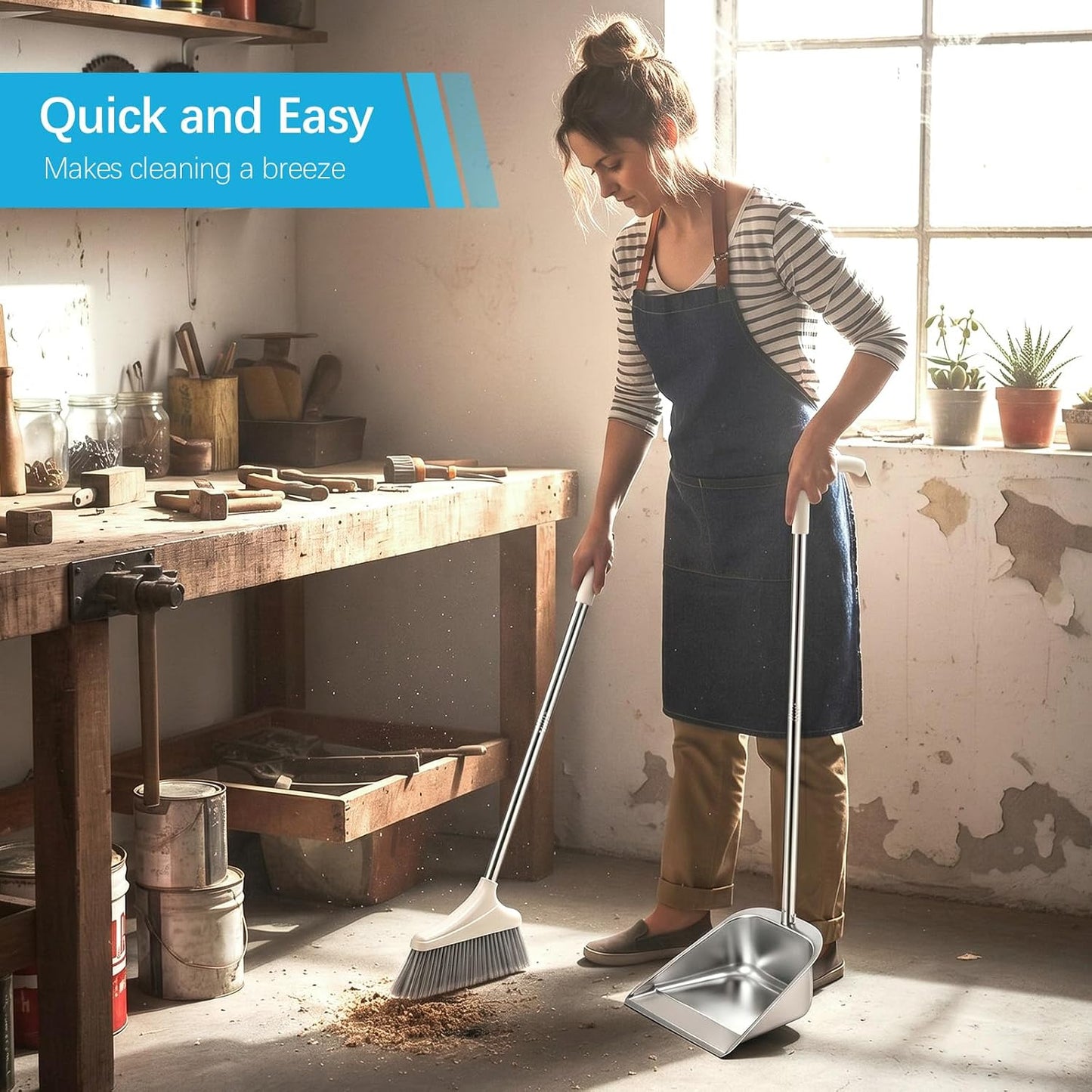 2 Pack Stainless Steel Broom and Dustpan Set Heavy Duty, Long Handle Dustpan with Upright Stand, Angled Bristles for Indoor and Outdoor Home Kitchen Floor Cleaning