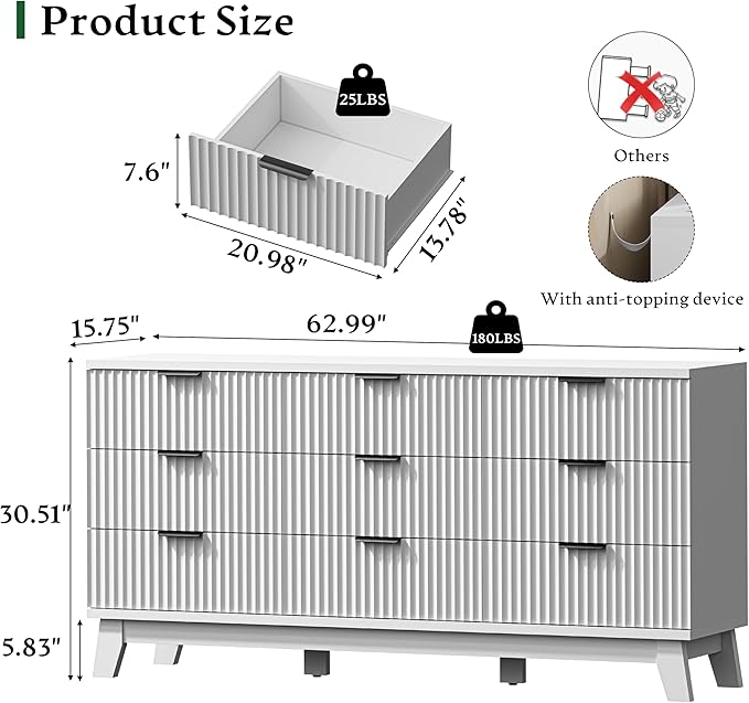 Fluted Dresser with 9 Drawers, Wooden Dresser TV Stand, Wood Closet Clothes - Image 2