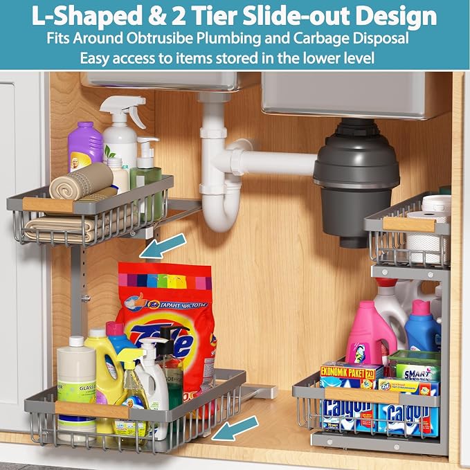 Under Sink Organizer Storage 2 Pack, 2 Tier Slide Out Height Adjustable Pull - Image 8