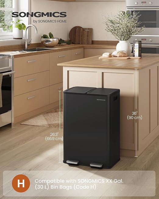 SONGMICS Trash Can, 2 x 8 Gallon Dual-Compartment Garbage Can - Image 2
