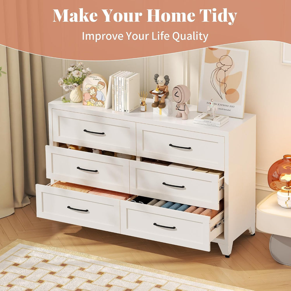 Metal 6 Drawer Dressers for Bedroom, 47" Wide White Steel Chest of Drawe...