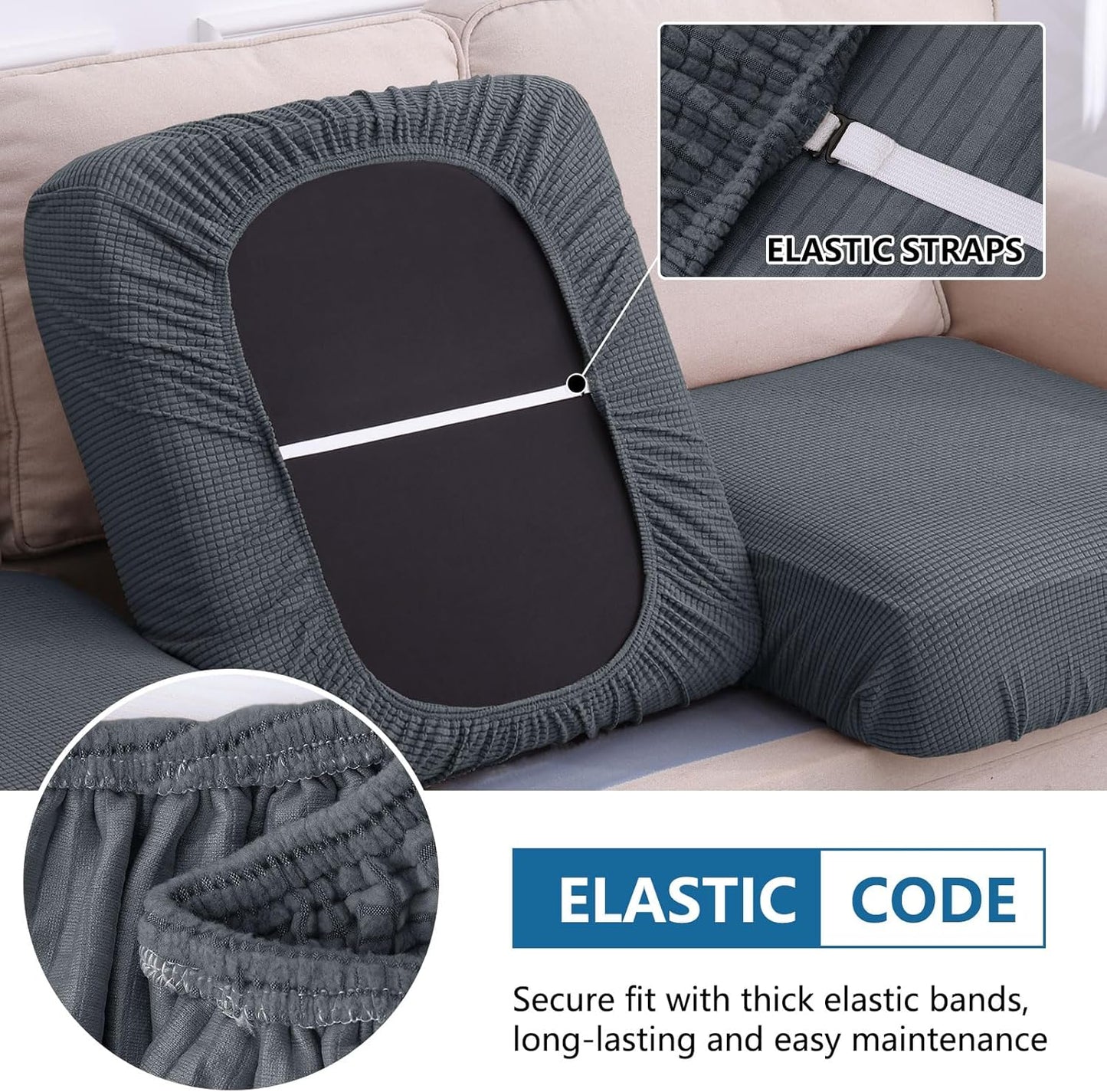 hyha Waterproof Couch Cushion Covers for Pets, Non Slip Sofa Seat Cover for Dogs Washable, Soft Thick Stretch Jacquard Fabric, Sofa Slipcovers with Elastic Bottom (3 Pieces, Grey)