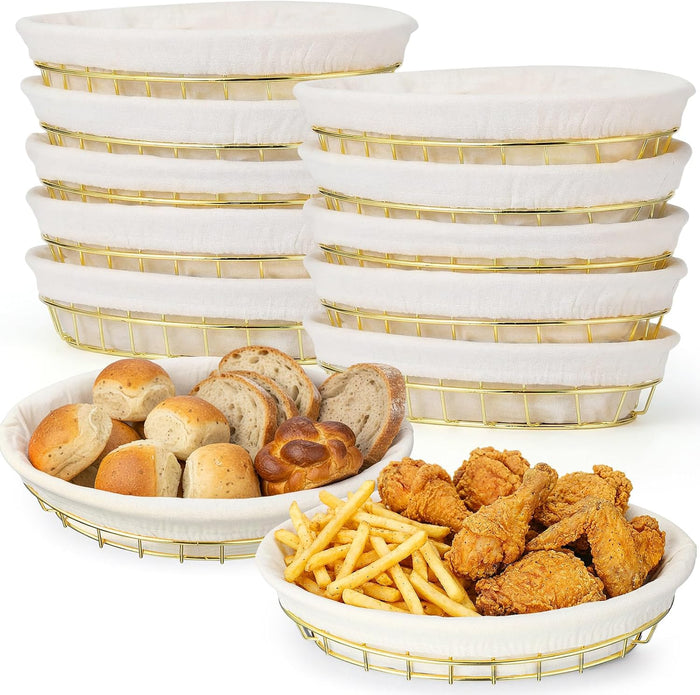 12 Pack Oval Metal Wire Baskets with Liner Cloth for Table Serving 9.5 x 6.2 x 2.2 Metal Dinner Bread Proofing Baskets Sandwich Container for Fast Food Kitchen Party (Gold)