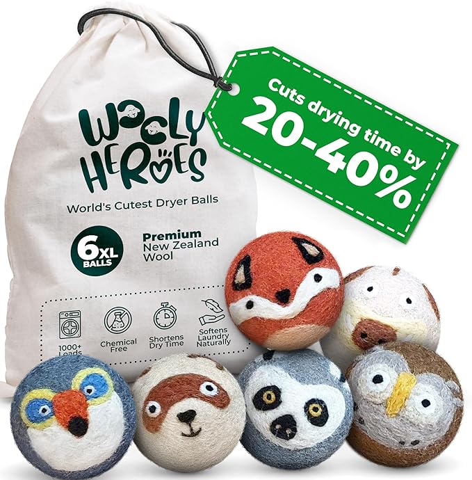 No More Dryer Sheets! Reusable Wool Dryer Balls XL 6-Pack by WOOLYHEROES