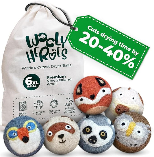No More Dryer Sheets! Reusable Wool Dryer Balls XL 6-Pack by WOOLYHEROES