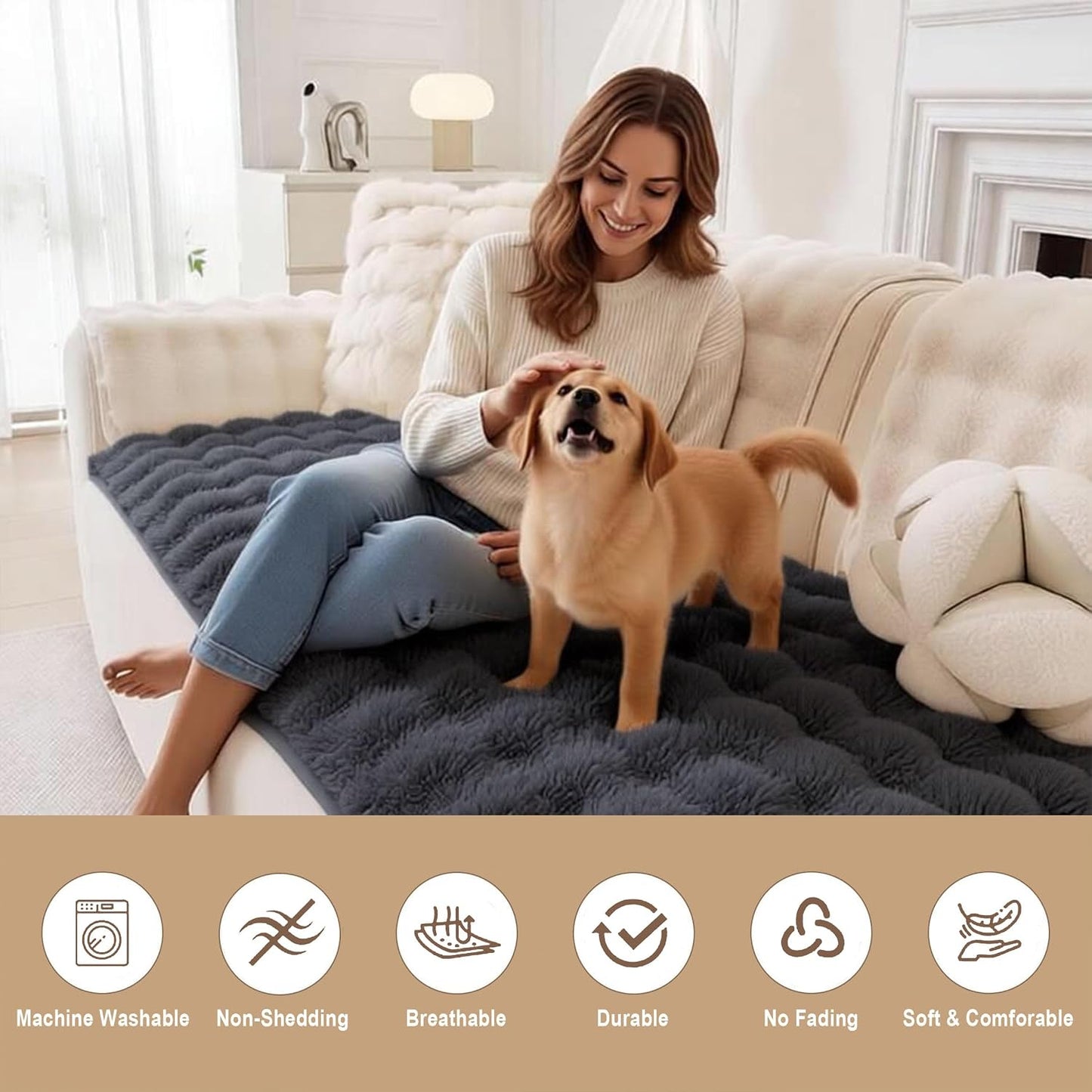 Soulsfeng Thick Plush Couch Cover for Dogs, Non-Slip Washable Pet Sofa Blanket, Soft Fuzzy Cushion Protector for 3 Cushion Couch, Pet Friendly Furniture Cover, Dark Grey 27.6" x 82.7"