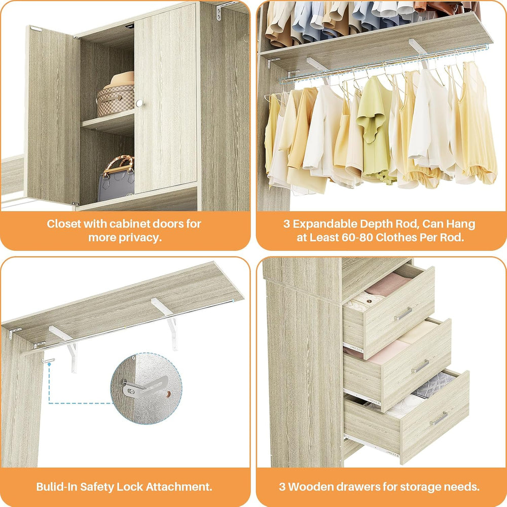 120 Inches Closet System With Doors, 10FT Walk In Closet Organizer with 3 She...