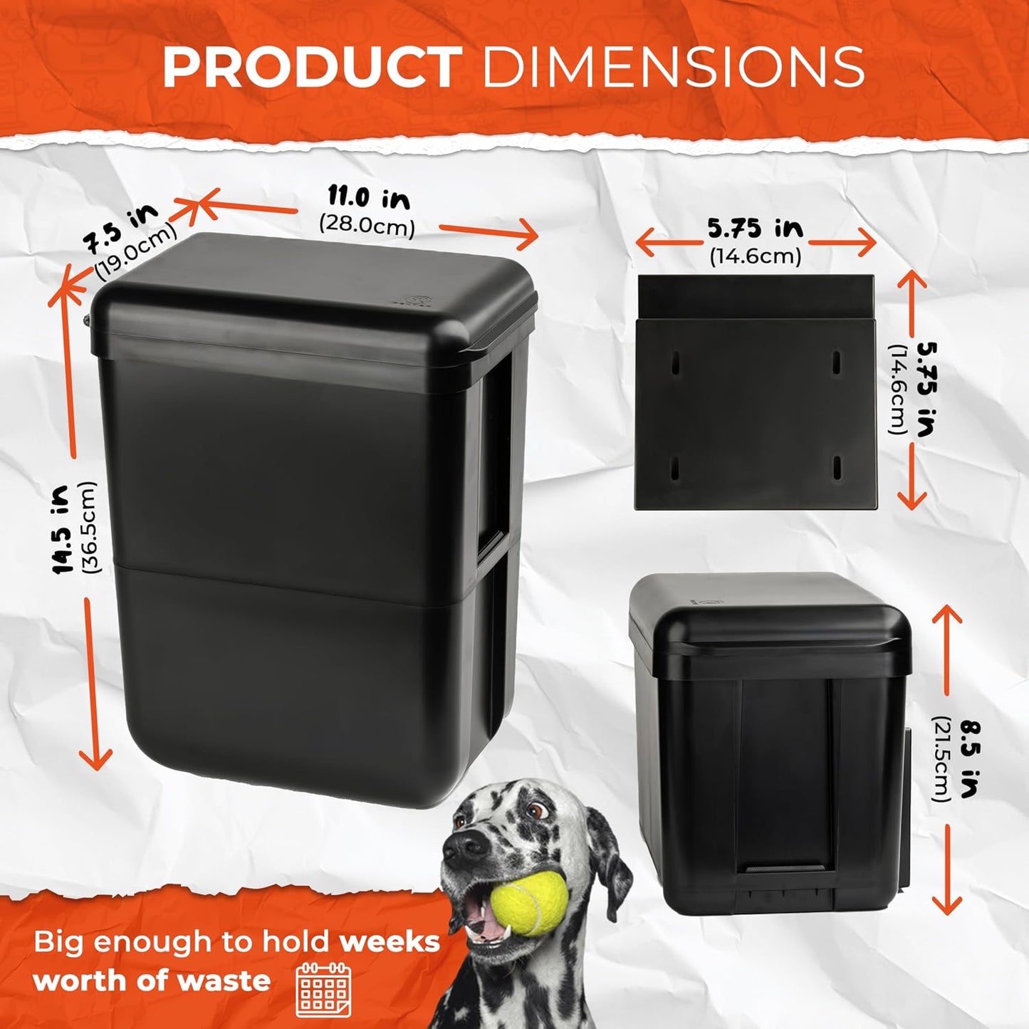 PEXTER Outdoor Dog Poop Trash Can Outside - Wall Mounted Dog Waste Bin & Garbage Can, 2-in-1 Converts 13L to 8L (3.5/2.1 Gal), Pet Waste Container for Dogs - Includes 15 Heavy Duty Bags (Black)