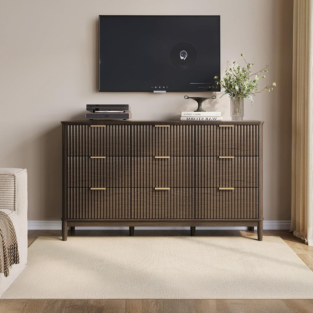 LINSY Fluted 9 Drawer Dresser for Bedroom, 58" Wide Mid-Century Modern T...