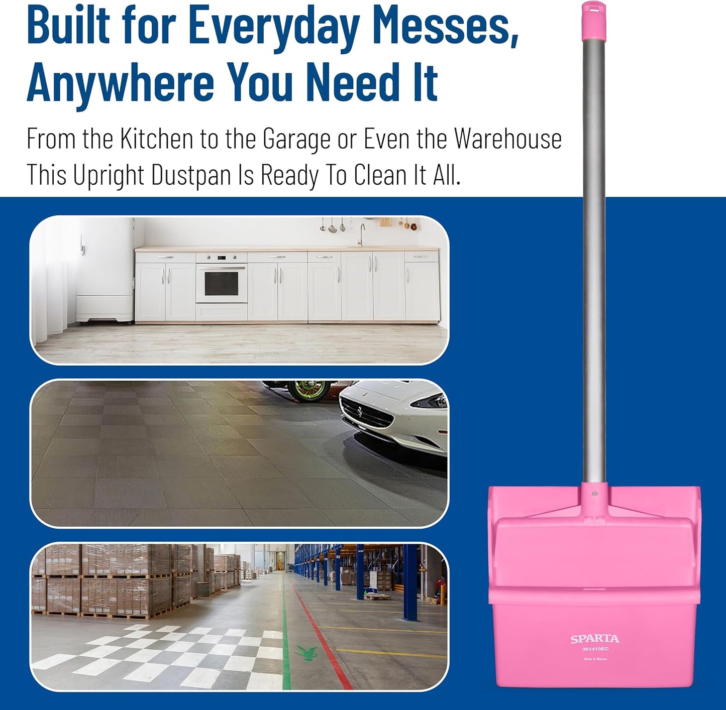 SPARTA Color Coded Upright Dustpan with 30 Inch Aluminum Handle, Serrated Edge and Locking Yoke, Standing Commercial Floor Dust Pan, Pink