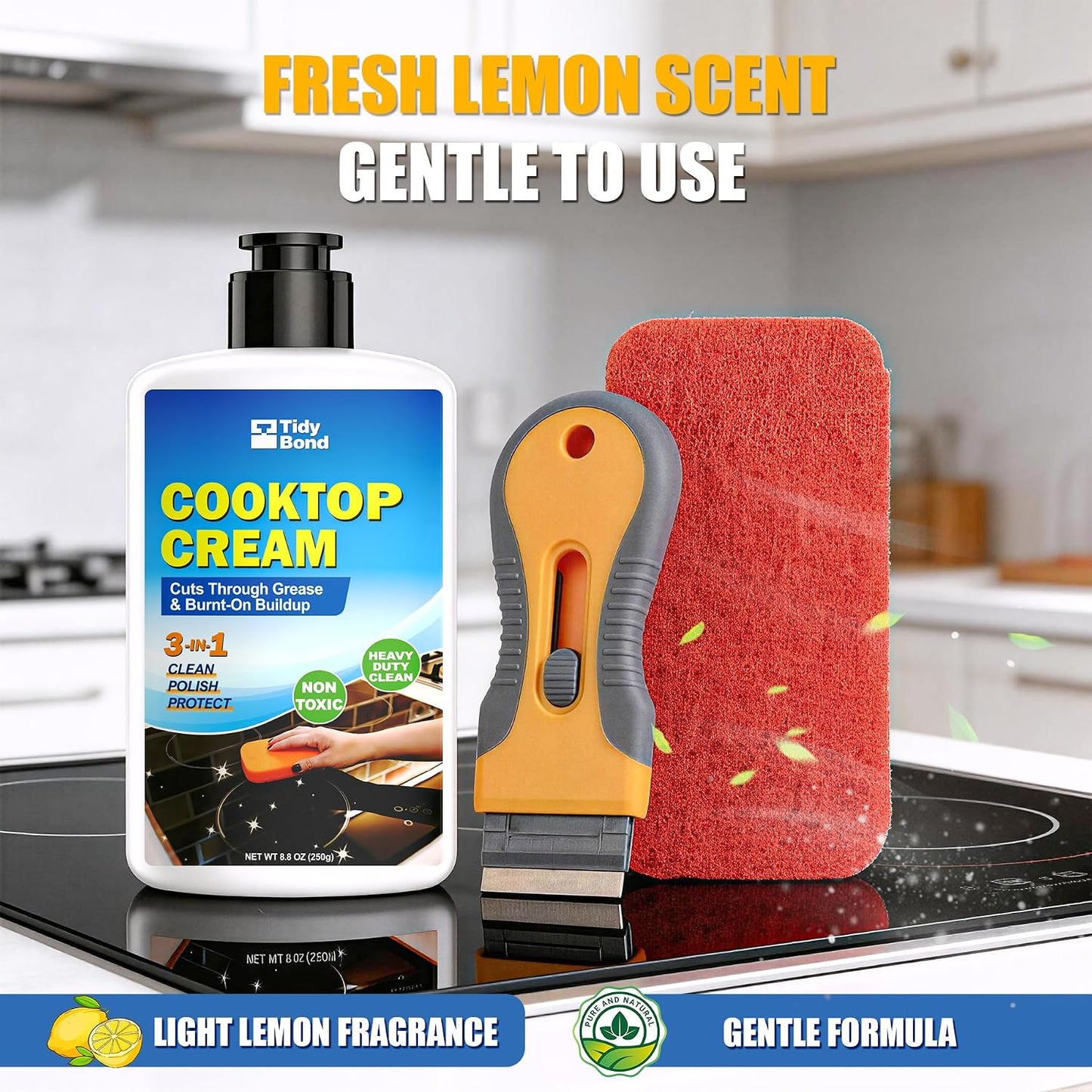 Glass Cooktop Cleaner & Polish Kit, Removes Burnt-On Food & Grease, 8.8 oz | Heavy Duty, Non-Scratch Stove Top Cleaner with Scraper & Scrubbing Pad, Safe for Induction, Electric & Ceramic Cooktops