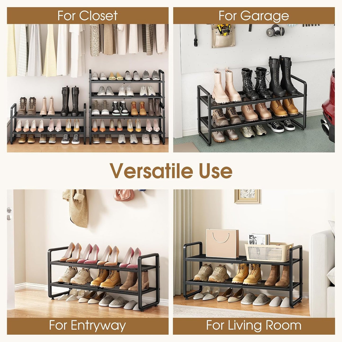 SAYZH Expandable Shoe Rack for Closet, Adjustable Metal Shoe Organizer with Sturdy Mesh Shelves for Boots & Heels, Stackable Shoe Storage for Entryway, Garage, Small Spaces (Black, 2-Tier)