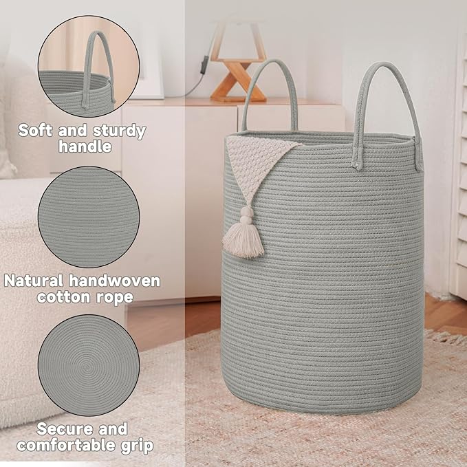 Large Woven Laundry Basket Hamper, 100L Cotton Rope Storage Bin - Image 6