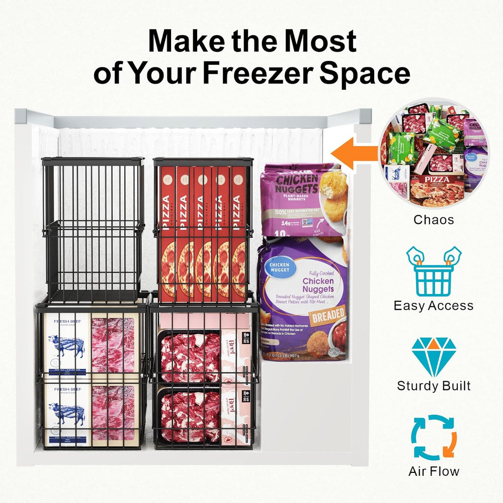 iSPECLE Freezer Organizer Bins - Height-Adjustable Holds 12" Pizza, 4 Pack