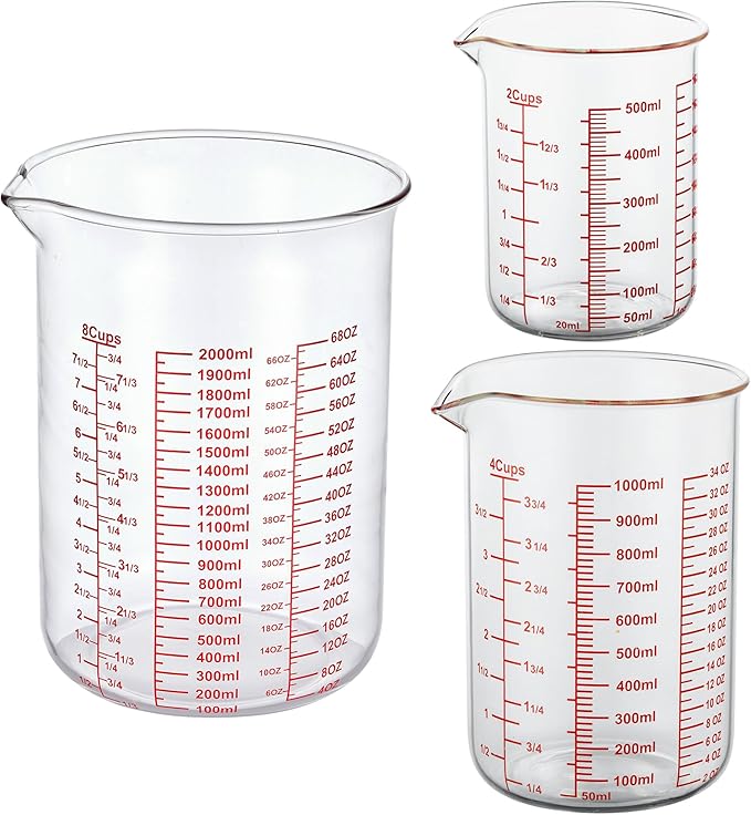 3 Piece Glass Measuring Cup Set, Includes 2-Cup, and 8-Cup High Borosilicate by AckersBORO33