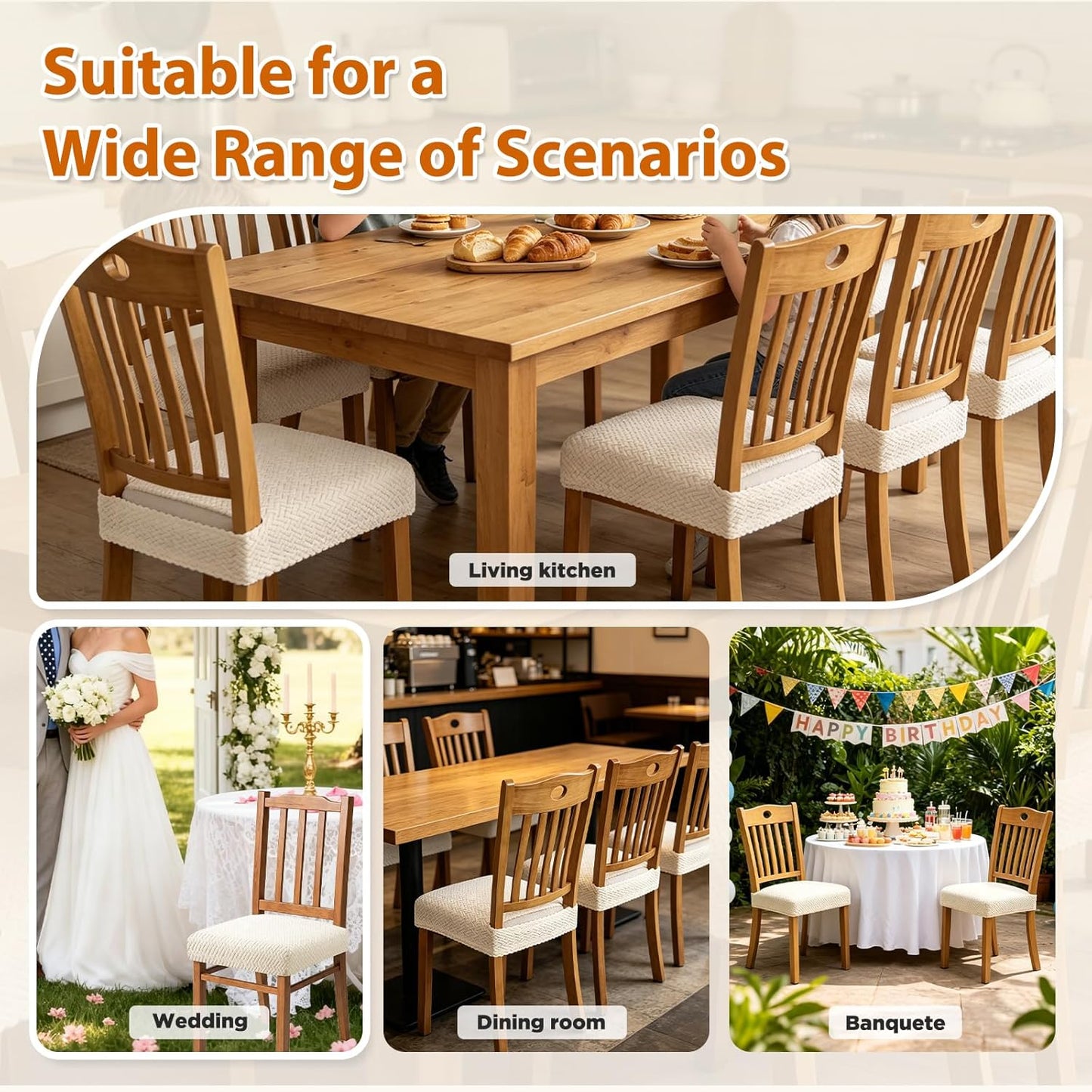 Dioxide Chair Covers for Dining Room Chairs,Chair Seat Covers Fit Stretch Jacquard Removable Slipcover Protector for Hotel Ceremony Banquet Wedding Party (Rear-Gapped,Beige Stripe,4PC,Not Waterproof)