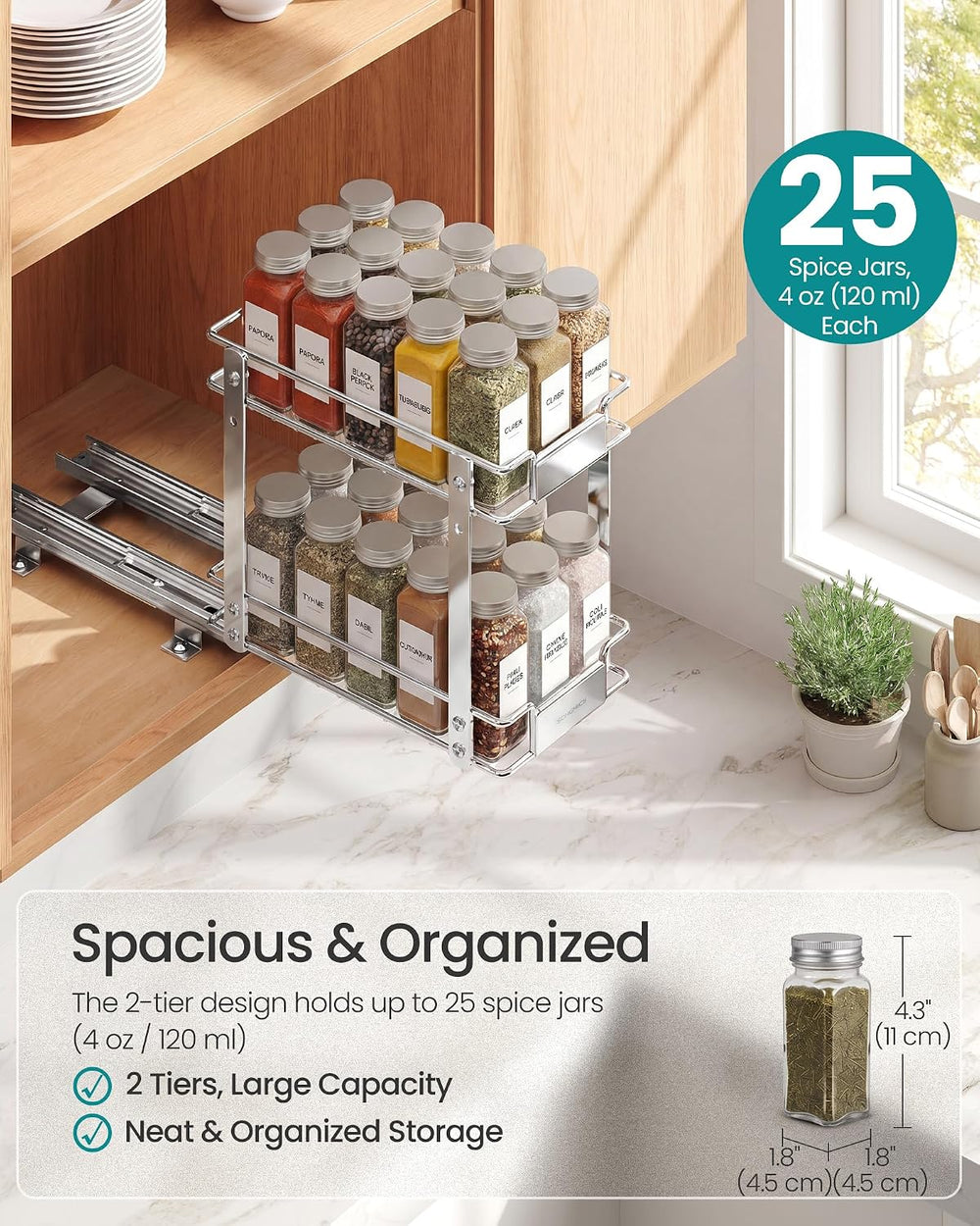 SONGMICS 4 Tier Pull Out Spice Rack for inside Cabinets, Organizer, Steel