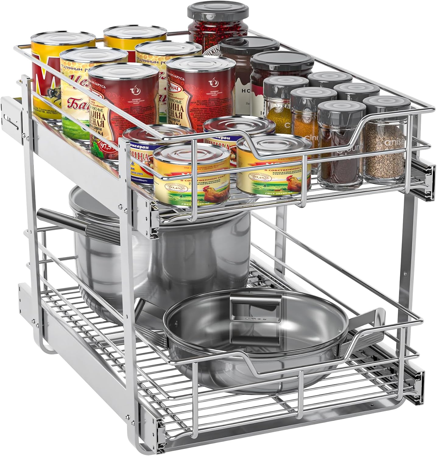 ZOINLIY Pull Out Cabinet Organizer,Slide Out Kitchen Organizers and Storage | Heavy Duty Drawer Cupboard Storage Basket, Smooth Sliding, Chrome Finish (2-Tiers-17¾''W×22“D)