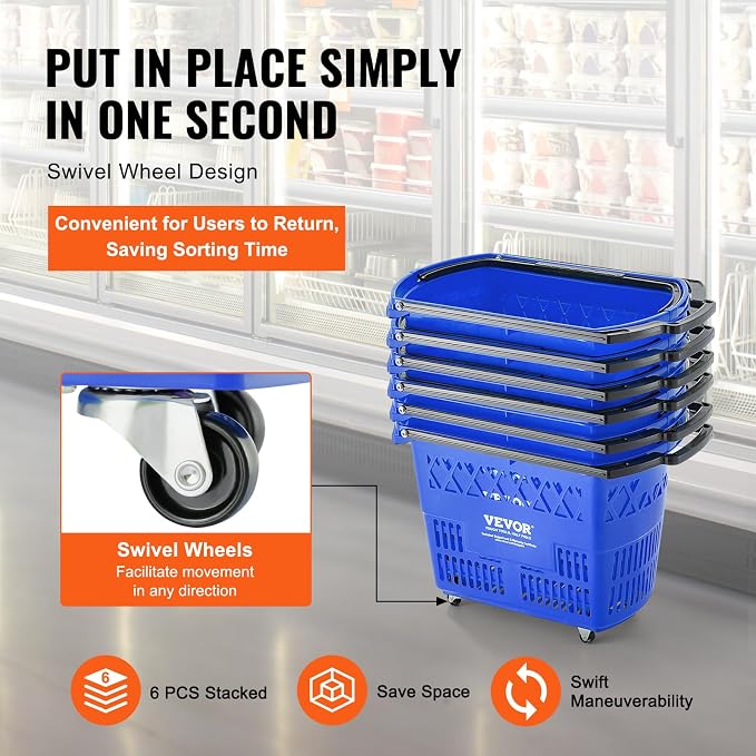 VEVOR Shopping Carts with Handles, 39L Plastic Rolling Shopping Basket with - Image 4