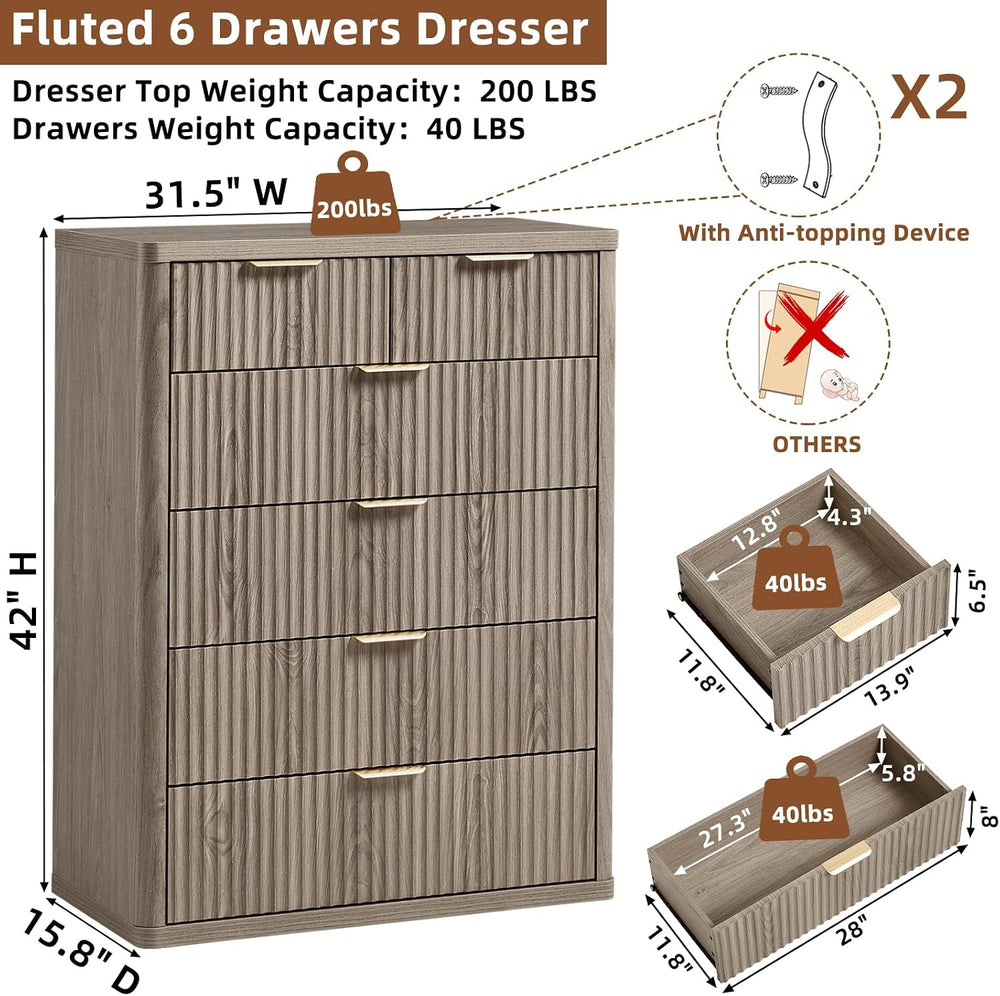 LEYAOYAO Fluted 6 Drawers Dresser for Bedroom Set of 2, 42" Tall Modern ...