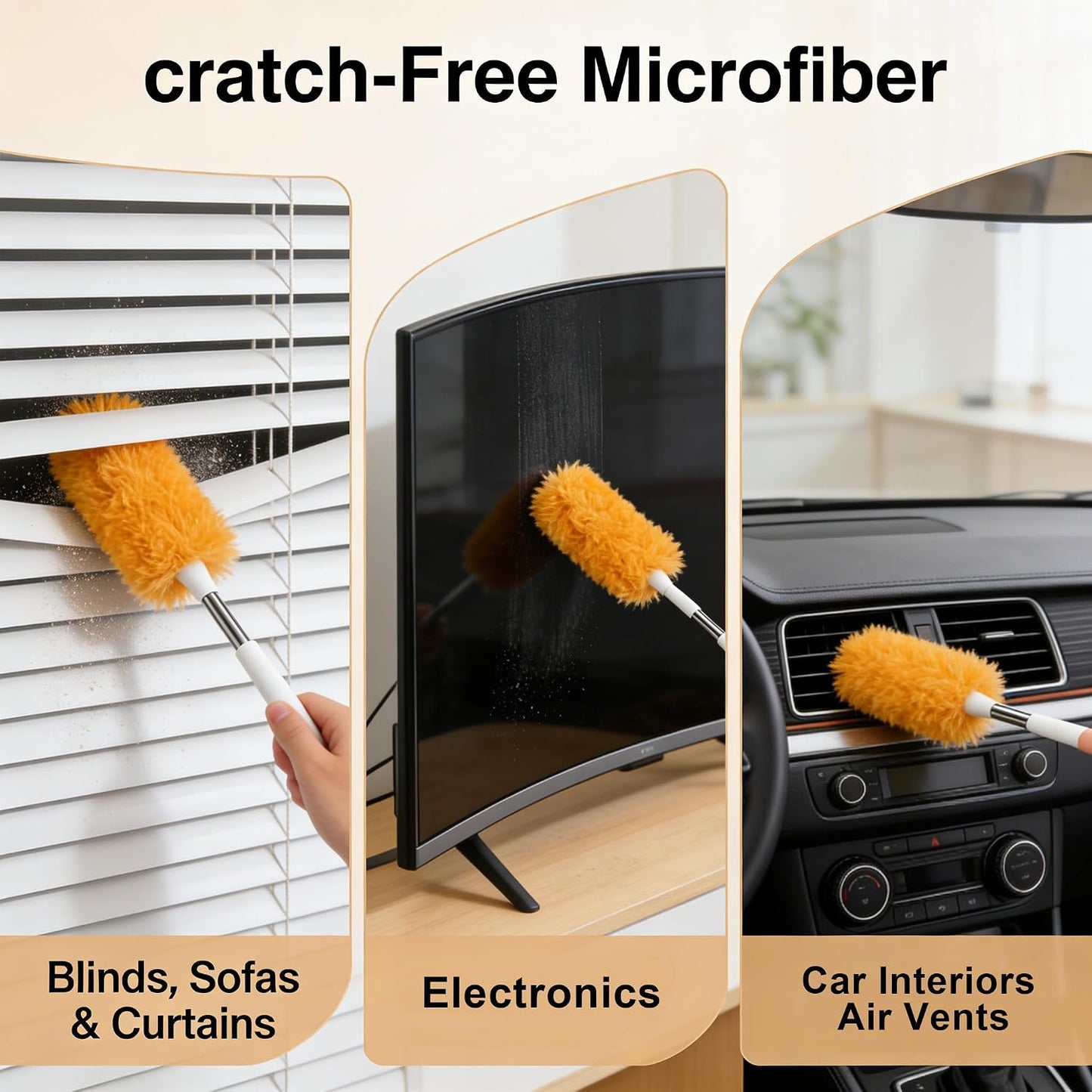 Extendable Duster 31.5 Inch Telescoping Pole with Reusable Washable Non-Woven Double-Sided Cleaning Head Orange for Ceiling Fans Blinds Vents High Ceilings Hard to Reach Places