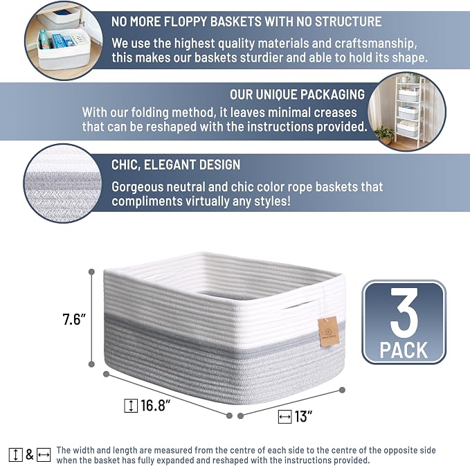 NaturalCozy Storage Baskets 16.8”x13”x7.6” Cotton Rope Woven Baskets - Image 2