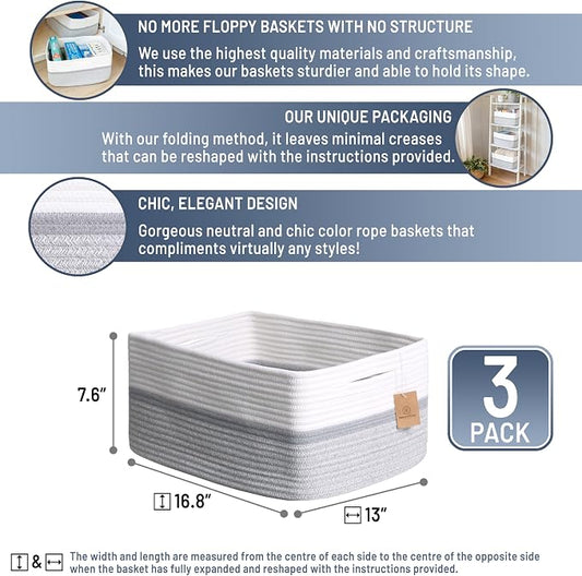 NaturalCozy Storage Baskets 16.8”x13”x7.6” Cotton Rope Woven Baskets - Image 2
