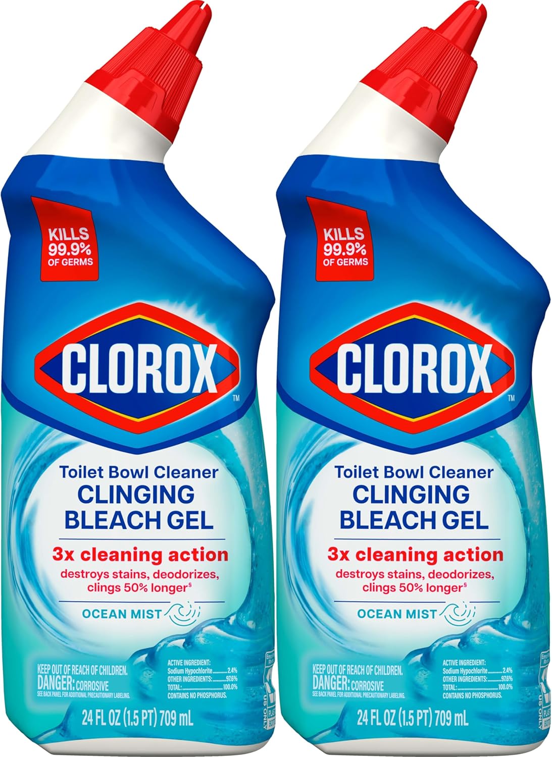 Clorox Toilet Bowl Cleaner Clinging Bleach Gel, Kills 99.9% of Bacteria and Viruses, Ocean Mist, 24 Fl Oz, Pack of 2