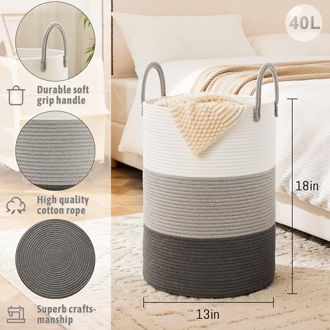 Laundry Basket, Woven Cotton Rope Laundry Hamper, 40L - Image 6