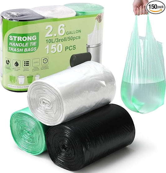 2.6 Gallon Trash Bag 150 Count, Unscented Strong Handle Tie Garbage Bags Fit 10 by Hawnn