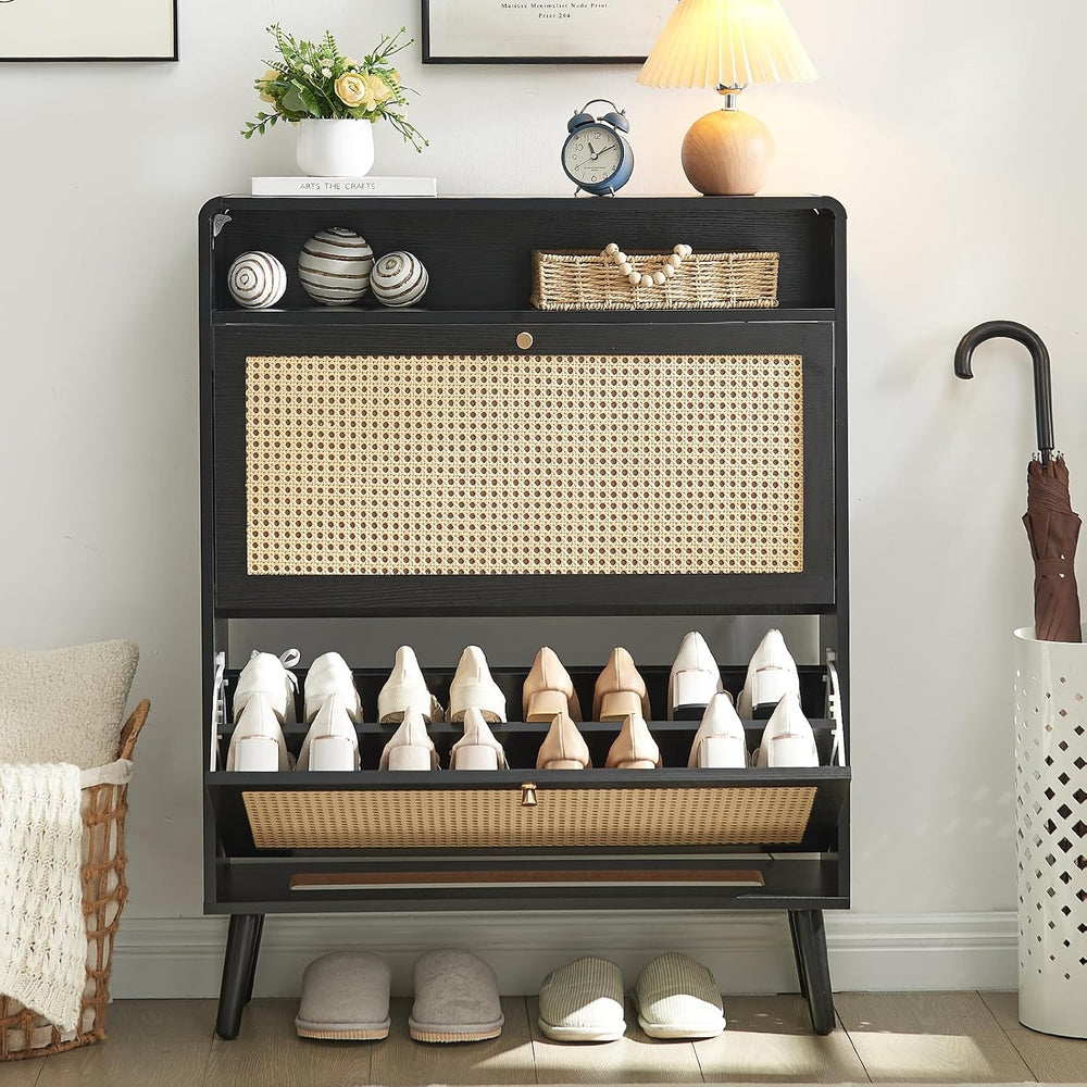 Rattan Shoe Cabinet with 2 Flip Drawers, 16 Pairs Narrow Shoe Storage Cabinet...